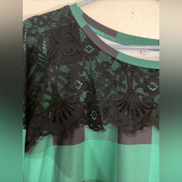 Plus Size Green Flannel Lace Top XL Long Sleeve Top Shirt Blouse - Picture 5 of 5